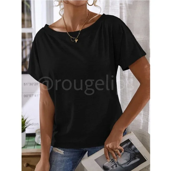 Boat Neck Batwing Sleeve Black Tee Shirt Short Sleeve - Picture 5 of 9